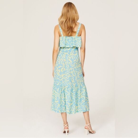 Derek Lam Collective  RTR blue & yellow Scribble Tie Tiered Midi Dress size 42/6 - Picture 2 of 6